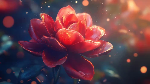 Luminous Red Flower with Golden Light and Bokeh.