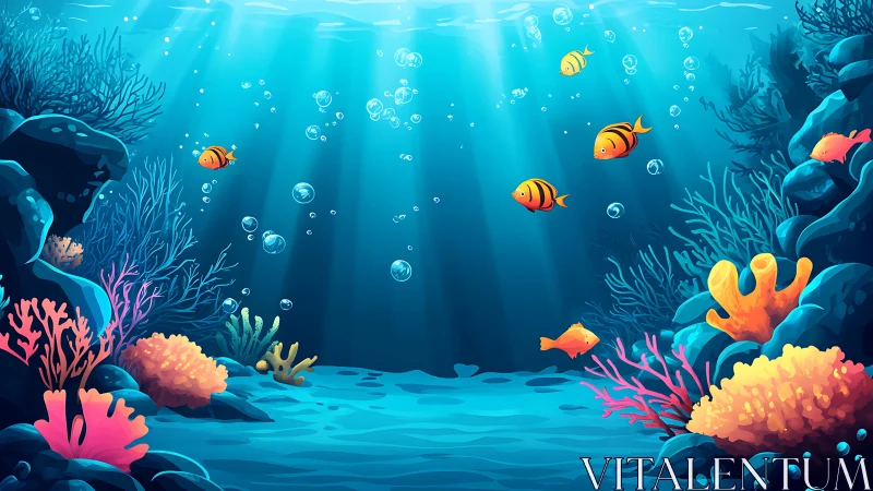 Vivid coral reef scene with stylized tropical fish.
