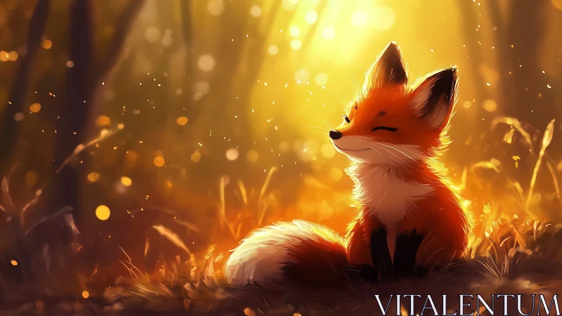 Radiant fox resting in golden backlit forest clearing.