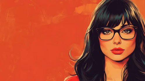 Stylized portrait of woman with glasses on orange background.