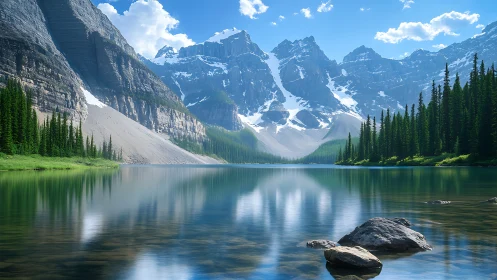 Mountain lake reflection under clear blue summer sky.