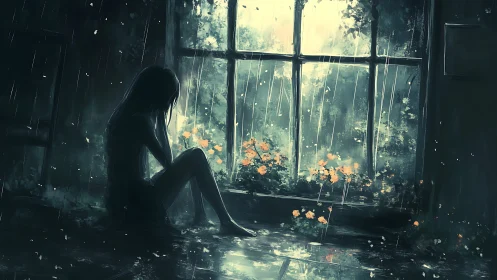 Silhouetted girl sits by rainy window facing glowing flowers