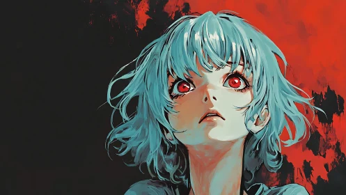 Crimson‑eyed dreamer against a storm of burning scarlet.