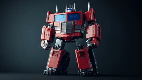 Bold red robot hero standing ready in cinematic lighting.