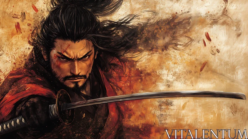 Dynamic katana-wielding samurai in high-tension digital brushwork.