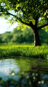 Sunlit tree by a quiet pond inviting a slow, peaceful pause.
