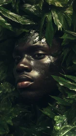 Portrait merges human face with dense glossy jungle leaves