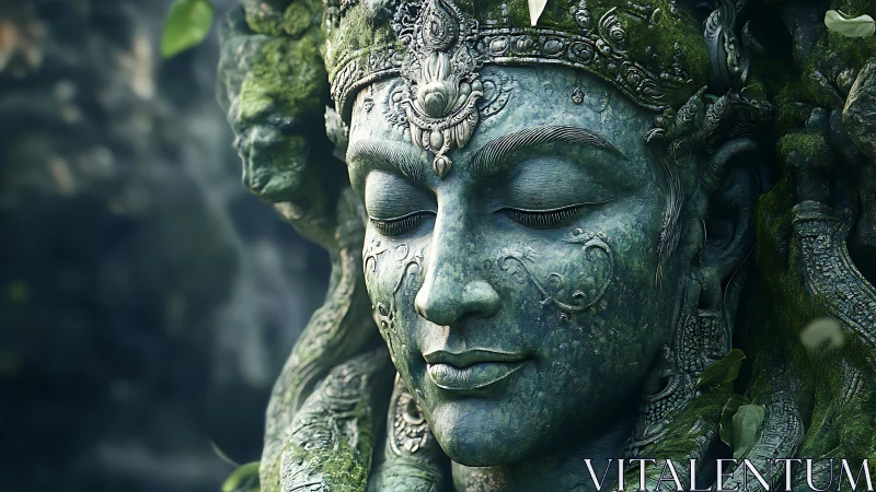 Photorealistic moss-covered deity sculpture in serene close-up.
