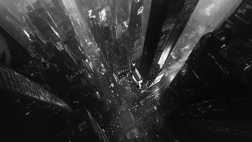 Vertiginous night city canyon glows with neon-lit traffic