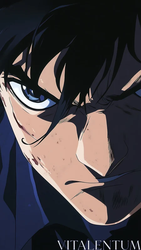Intense anime close-up with hard cel shading and dramatic chiaroscuro