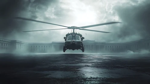 Military helicopter hovers over wet tarmac before large building