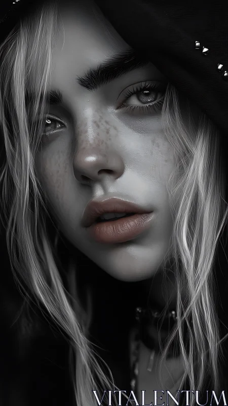 Moody monochrome portrait of hooded young woman.