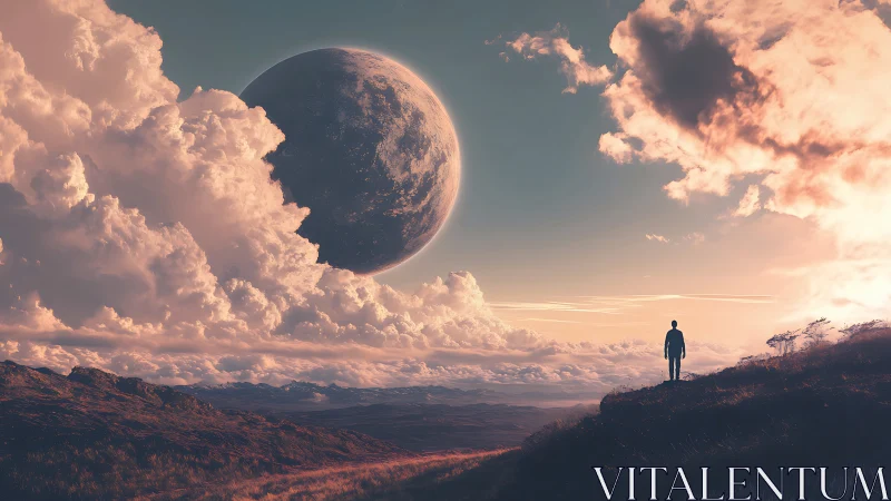 Solitary figure gazes at colossal planet beyond clouds.