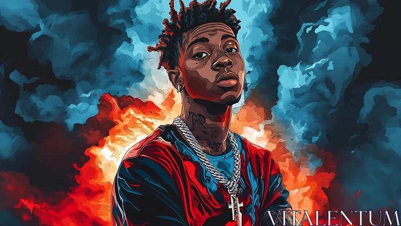 Bold young artist stands confident in glowing smoke and color