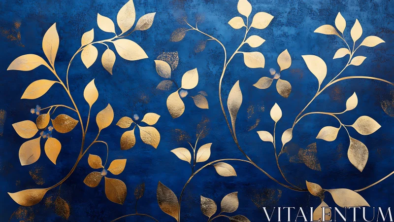 Gold leaf vine pattern over rich textured blue wall.