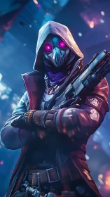 Neon-eyed hooded rogue stalks the cyberpunk backstreets.