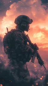 Armored soldier stands watch amid burning sunset clouds