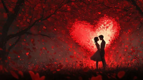 Silhouetted Couple Embracing Against Luminous Heart
