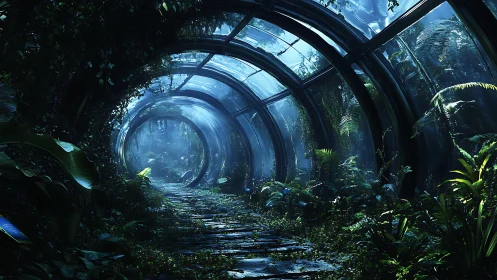 Overgrown glass tunnel encloses lush bioluminescent jungle