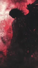 Winged dark silhouette stands in high contrast red mist