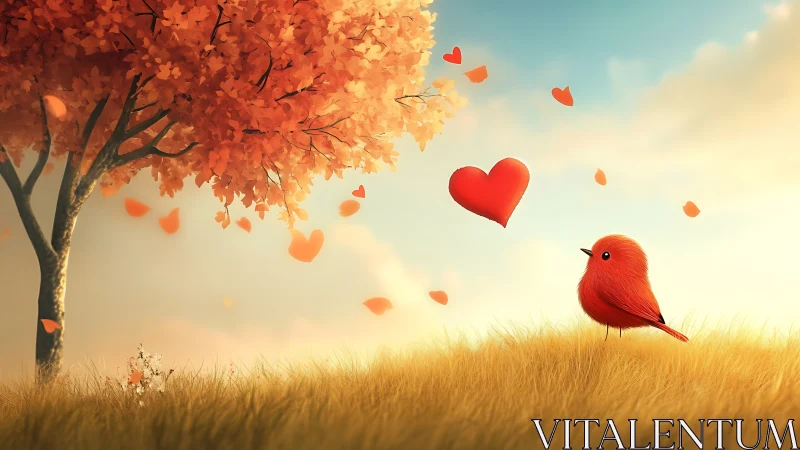 Red Cardinal in Autumnal Landscape with Floating Heart Motifs.