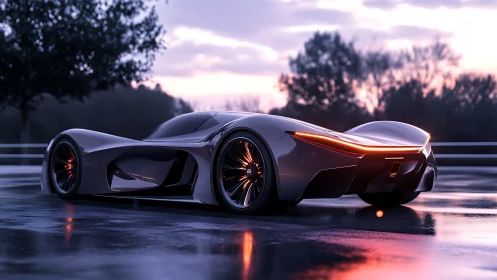 Futuristic silver concept supercar on wet reflective road.