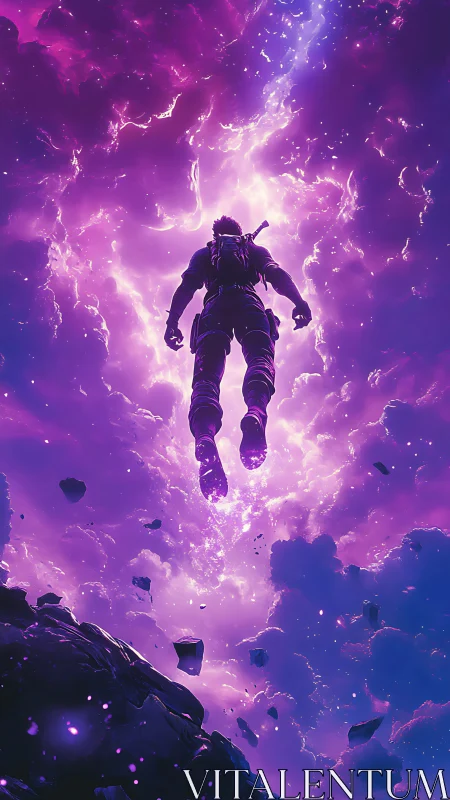 Cosmic wanderer ascends through electric violet nebula sky.