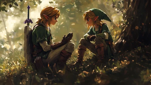 Forest rendezvous of dual elven heroes in painterly light field.