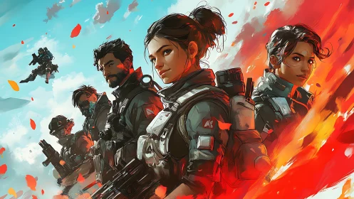 Squad of futuristic soldiers in blazing dynamic colors.