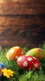 Colorful Easter eggs on grass before rustic wooden wall.