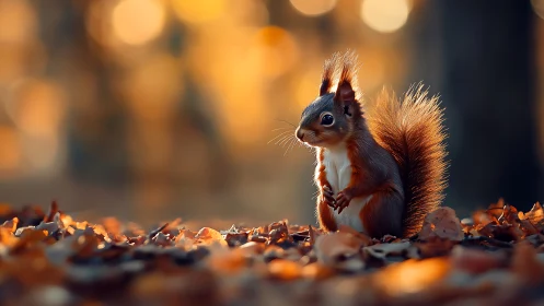 Curious Squirrel in Autumn Forest, Warm Golden Bokeh Photography.