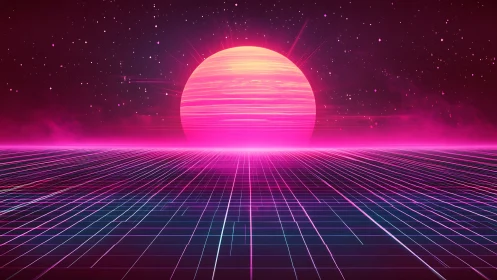 Neon horizon grid frames radiant synthwave digital sunset.