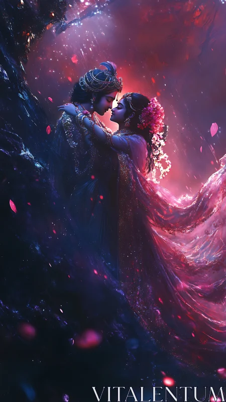 Ethereal Couple Embracing in Luminescent Fantasy Realm.