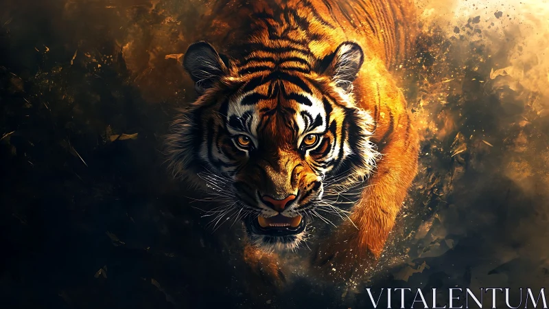 Tiger firestorm charges forward through swirling embers and ash