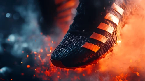 Photorealistic running shoe close-up in dynamic fire-lit environment.