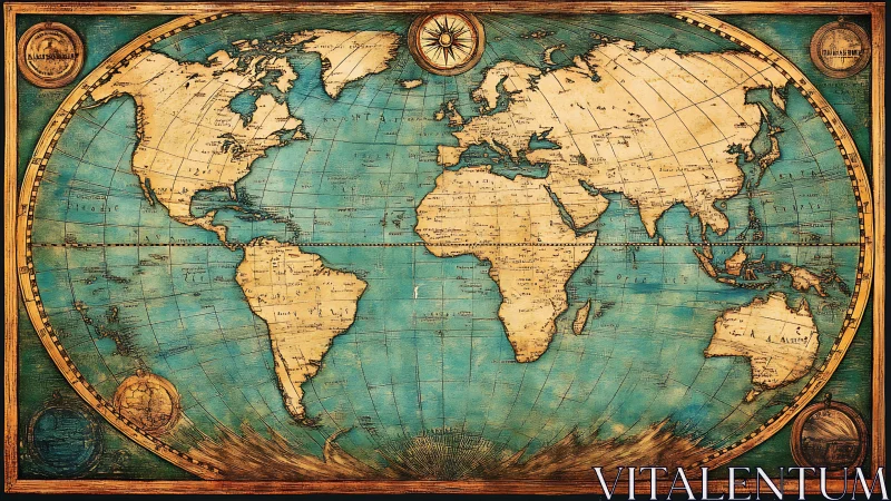 Antique world map illustration with textured oceans and lands.