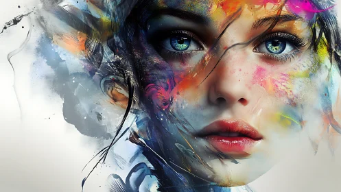 Hyperreal female portrait fused with expressive abstract color fields