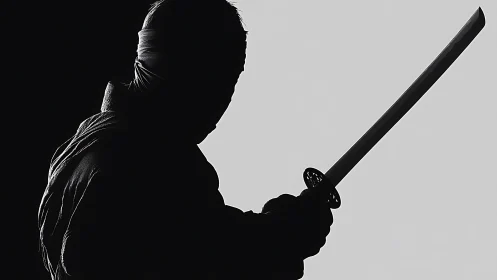 Silent silhouette of a poised ninja with raised katana blade.