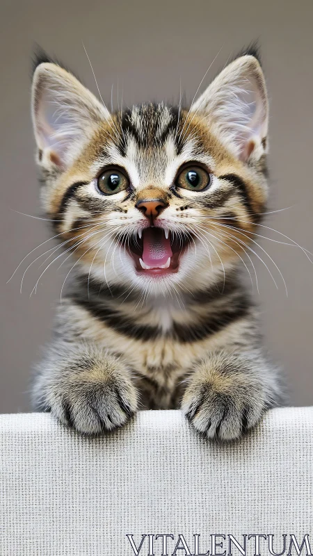 Tabby Kitten with Open Mouth Expression Against Neutral Background.