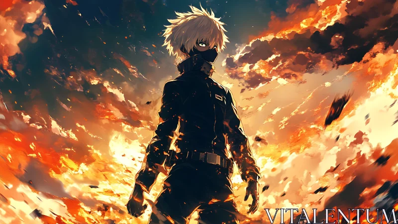 Masked fireborn warrior strides through a sky of embers.