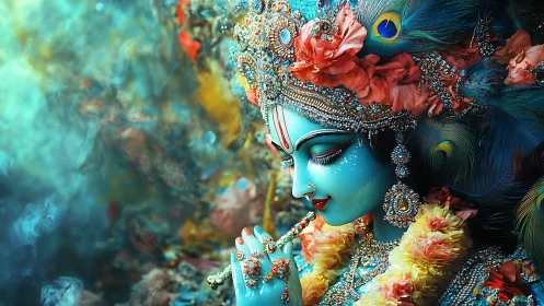 Blue-skinned figure in ornate jeweled attire plays a flute