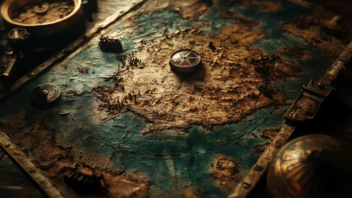 Antique nautical chart with compass on textured coastline.