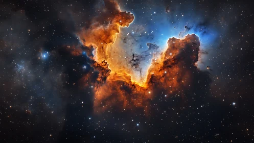 Ionized emission nebula with stratified dust pillars and stars.