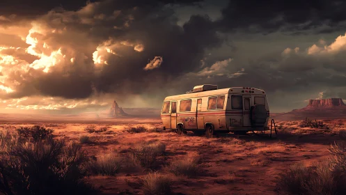 Desert stormlight over abandoned RV in crimson dusk.