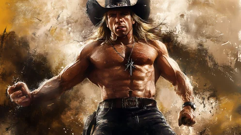 Muscular cowboy hero emerging from explosive brushwork.