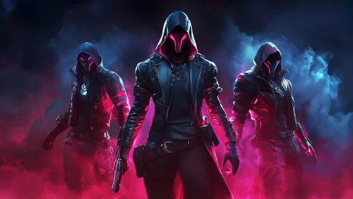 Shadowy trio of neon rogues stride through glowing battle fog