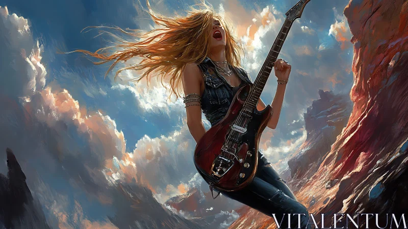Rock guitarist unleashed beneath storm-lit canyon sky.