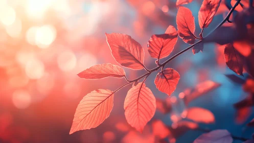 Red leaves in soft bokeh light on warm blurred background.