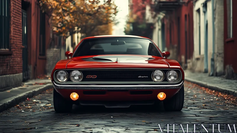 Crimson muscle icon prowls cobbled autumn backstreet boulevard.