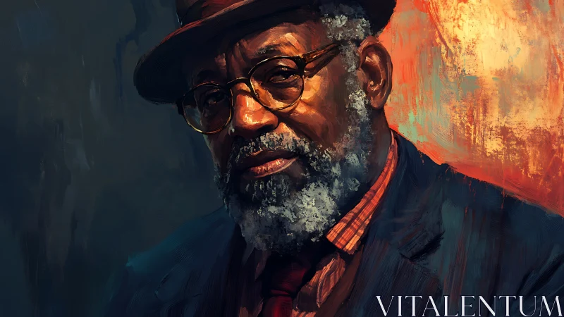 Portrait shows older man in hat and glasses lit by warm light